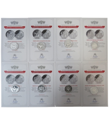 8 szt. zestaw symbole narodowe historia godła, srebro, etui, certyfikaty
