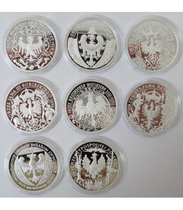 8 szt. zestaw symbole narodowe historia godła, srebro, etui, certyfikaty