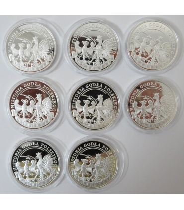 8 szt. zestaw symbole narodowe historia godła, srebro, etui, certyfikaty