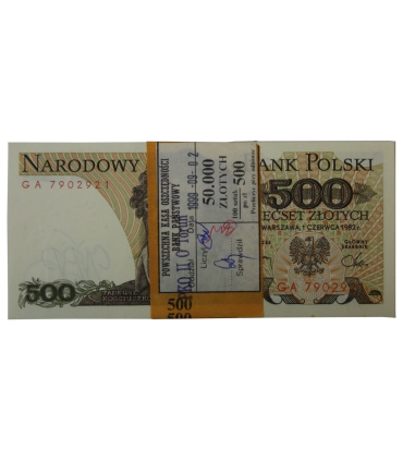 Paczka bankowa niepełna z banderolą 500 zł, Tadeusz Kościuszko, 1982, 40 szt. 1982 FD
