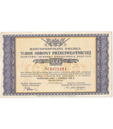 Bon obrony przeciwlotniczej na 20 złotych 1.06.1939, stan 1-