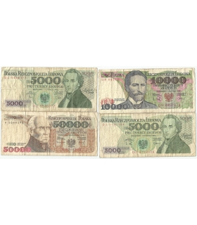 Lot 4 x Banknoty PRL w tym 50000 zł Stanisław Staszic 1989, seria A, 3-/4+