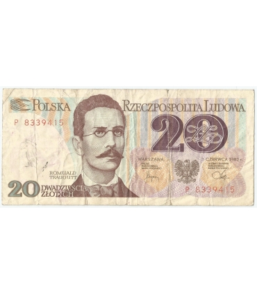 20 zł Romuald Traugutt 1982, seria P + STEMPEL OPOZYCYJNY, duża rzadkość