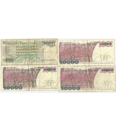 Lot 4 x Banknoty PRL, 3 X 10000 Wyspiański, 1 x 5000 Chopin, różne serie, 3-/4+