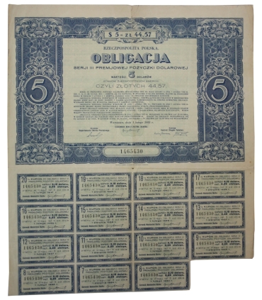 Obligacja pożyczki dolarowej wartości 5 dolarów, 44.57 złotego, 1 lutego 1931
