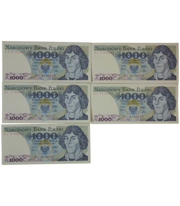 Lot: 5 x 1000 zł, Mikołaj Kopernik, 1982, GL / GM, z paczki bankowej, st. 1/1-