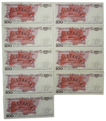 Lot: 9 x 100 zł, Ludwik Waryński, 1986, 3 x seria SB (st. 1), 6 x seria SY (st.2)