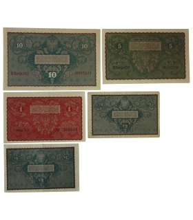 Lot: 1919 Polska Krajowa Kasa Pożyczkowa: 2x1/2 marki, 1 marka, 5, 10 marek, st. 3