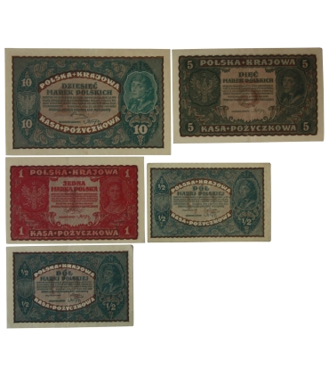 Lot: 1919 Polska Krajowa Kasa Pożyczkowa: 2x1/2 marki, 1 marka, 5, 10 marek, st. 3