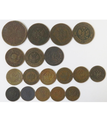 Lot 16 szt Rosja, carskie miedziane kopiejki: 6x5 kopiejek, 6x3 kopiejki, 4x2 kopiejki