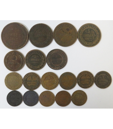 Lot 16 szt Rosja, carskie miedziane kopiejki: 6x5 kopiejek, 6x3 kopiejki, 4x2 kopiejki