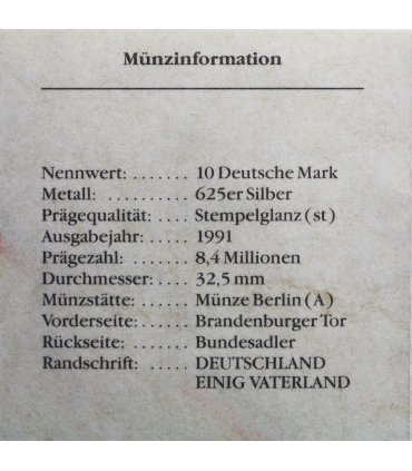 Niemcy 10 marek, 1991 200 rocznica - Brama Brandenburska, certyfikat