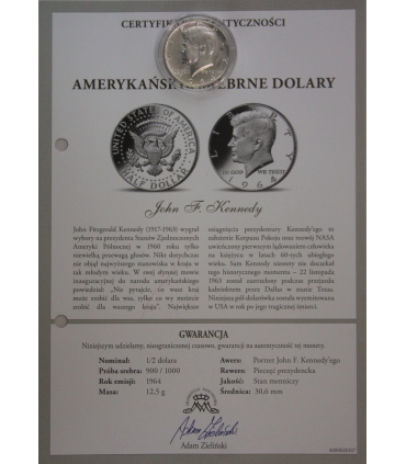 USA 1/2 dolara half dollar Kennedy 1964, stan 2, certyfikat