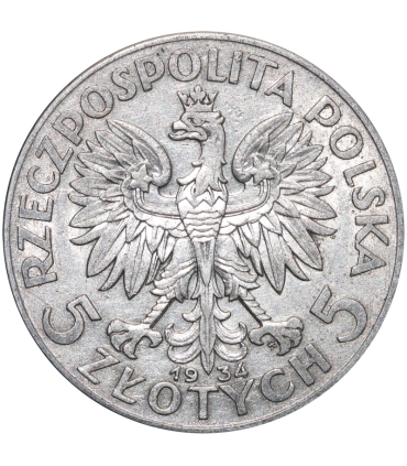5 złotych głowa kobiety 1934, stan 3+