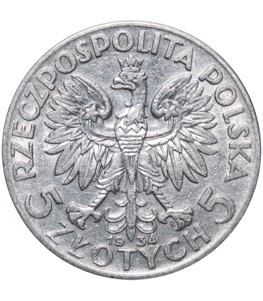 5 złotych głowa kobiety 1934, stan 2-/3+