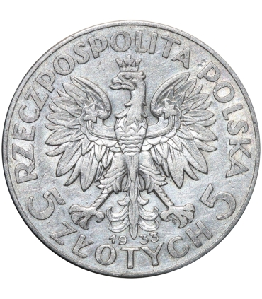 5 złotych głowa kobiety 1933, stan 2-/3+