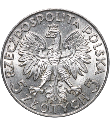 5 złotych głowa kobiety 1933, stan 1-, mennicza