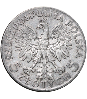 5 złotych głowa kobiety 1933, stan 3+