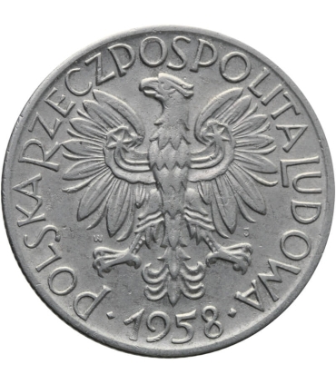 5 zł rybak, 1958, 3+, rzadki rocznik, wąska ósemka, połysk