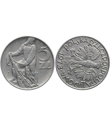 5 zł, Rybak, 1973, destrukt, skrętka w prawo ~100 stopni, stan 2-