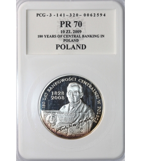 10 zł, 180 lat bankowości centralnej w Polsce, PCG PR70, patyna