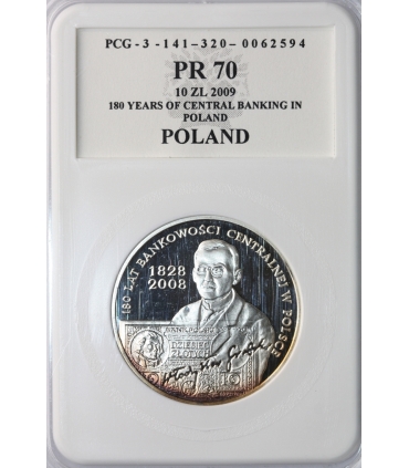 10 zł, 180 lat bankowości centralnej w Polsce, PCG PR70, patyna