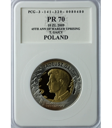 10 zł, Tadeusz Gajcy, 65. rocznica Powstania Warszawskiego, PCG PR70, patyna