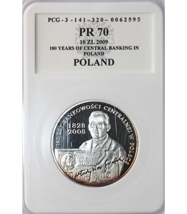 10 zł, 180 lat bankowości centralnej w Polsce, PCG PR70, patyna