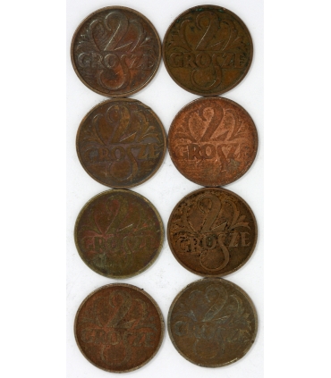 Lot 8 x 2 grosze 2x1923,  1925, 1928, 1930, 1931, 1932, 1934