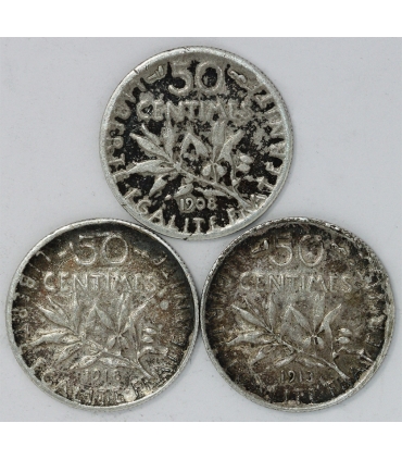 Lot Francja, 3 x 50 centimes, srebro, 1908, 1913, 1918, Srebro 0.835