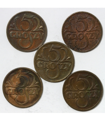 Lot: 5 x 5 groszy: 1925, 1928, 1931, 1935, 1936
