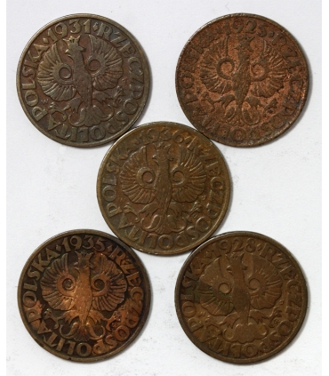 Lot: 5 x 5 groszy: 1925, 1928, 1931, 1935, 1936