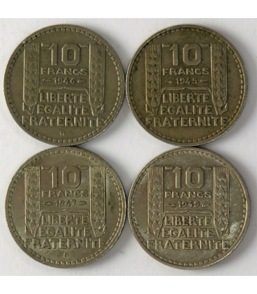 Lot Francja 4x10 franków 1945, 1946, 1947, 1949