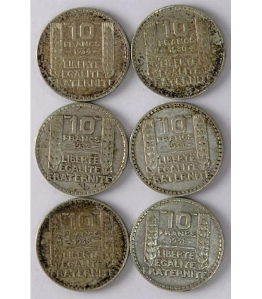 Lot Francja 6x10 franków, srebro 1930-1938, każdy rocznik inny
