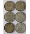 Lot Francja 6x10 franków, srebro 1930-1938, każdy rocznik inny