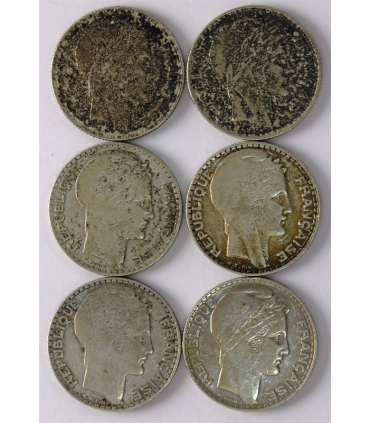 Lot Francja 6x10 franków, srebro 1930-1938, każdy rocznik inny
