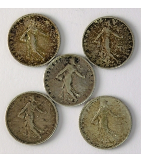 Lot Francja 5x1 frank, srebro, 1898, 1911, 1912, 1915, 1917