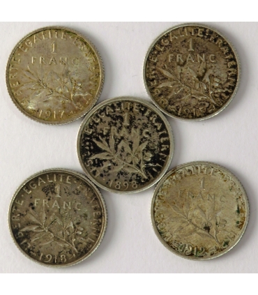 Lot Francja 5x1 frank, srebro, 1898, 1911, 1912, 1915, 1917