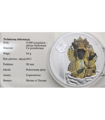 Medal Częstochowa Shrines of Europe 2011, posrebrzany, 50 mm, certyfikat