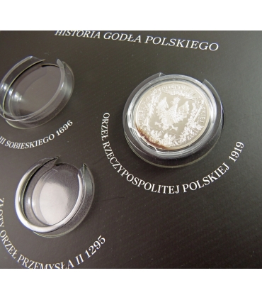 9 szt. zestaw historia godła polskiego, Ag 999, etui, certyfikaty
