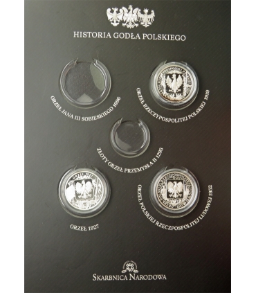 9 szt. zestaw historia godła polskiego, Ag 999, etui, certyfikaty