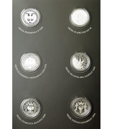 9 szt. zestaw historia godła polskiego, Ag 999, etui, certyfikaty