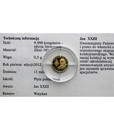 Medal Watykan Papież Jan XXIII – Watykan, złoto Au 585, 0,5 g, certyfikat