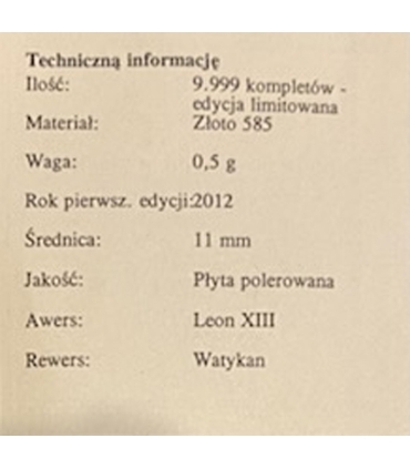 Medal Watykan Papież Leon XIII 2012 – złoto 585 Au, 0,5 g, certyfikat