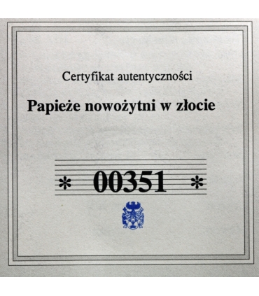Medal Watykan Papież Leon XIII 2012 – złoto 585 Au, 0,5 g, certyfikat