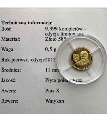 Medal Watykan Papież Pius X – Watykan, złoto Au 585, 0,5 g, certyfikat