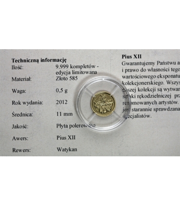 Medal Watykan Papież Pius XII – złoto Au 585, 0,5 g, certyfikat
