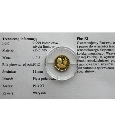 Medal Watykan Papież Pius XI – złoto Au 585, 0,5 g, certyfikat