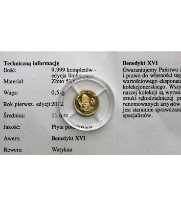Medal Watykan Papież Benedykt XVI – złoto 585 Au, 0,5 g, certyfikat