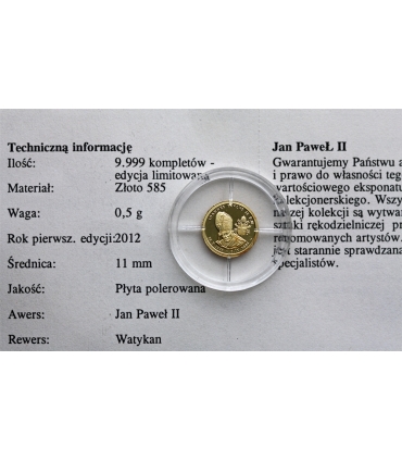 Medal Watykan Papież Jan Paweł II – złoto Au 585, 0,5 g, certyfikat